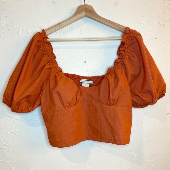 Flying Tomato Crop Top with Puff Sleeve Bright Red Orange - Picture 2 of 4